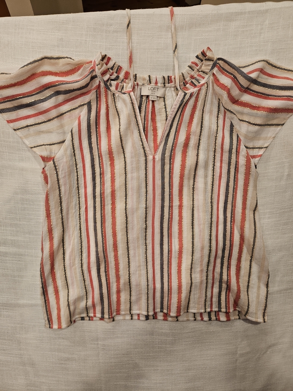 LOFT Striped Cap-Sleeve Tie-Neck Top in Cream and Coral